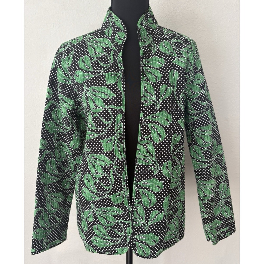 Green Quilted Botanical Print Jacket Lightweight‎ Folk Art Teacher Polka Dot M
